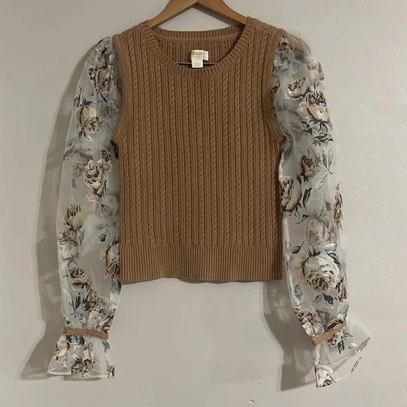 ANTHROPOLOGIE Maeve Contrast Sheer Sleeve Floral Cable Knit Sweater small - Picture 2 of 8